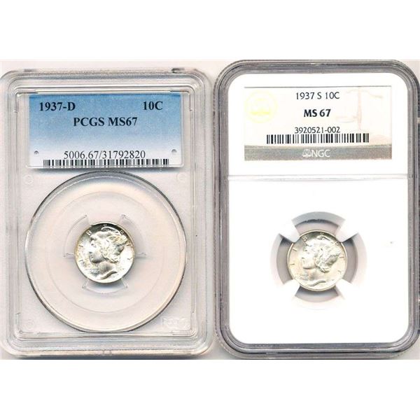 1937-D-1937-S Mercury Silver Dimes PCGS/NGC MS67 (2-coins)