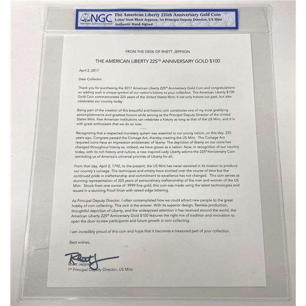 The American Liberty 225th Anniversary Gold Coin Letter From Rhett Jeppson Hand Signed NGC
