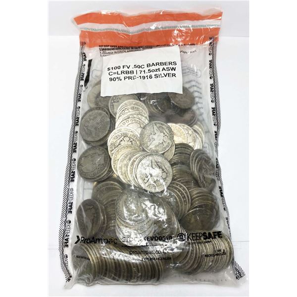 $100 FV 90% Pre-1916 Silver Barber Halves