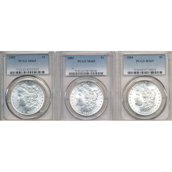 (3) 1882-1884 Morgan Silver Dollar PCGS MS65