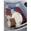 Image 2 : TOTE AND BOX OF HOME DECOR ITEMS, SMALL AREA RUG, BRASS DOLPHINES AND MORE