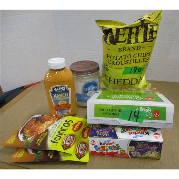 ESTGATE:  BOX C/W ASSORTED GROCERIES (CEREAL, KINDER SURPRISE, COCONUT BUTTER, ETC)