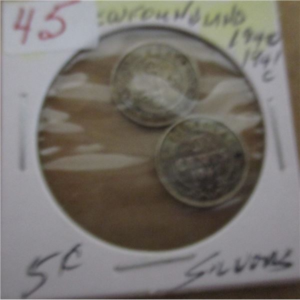 1940 C & 1941 C NEWFOUNDLAND SILVER FIVE CENT COINS