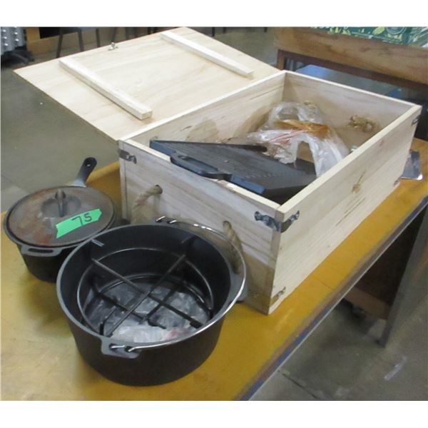 FREIGHT DAMAGE (AS IS):  WOODEN BOX C/W CAST IRON POTS & PANS