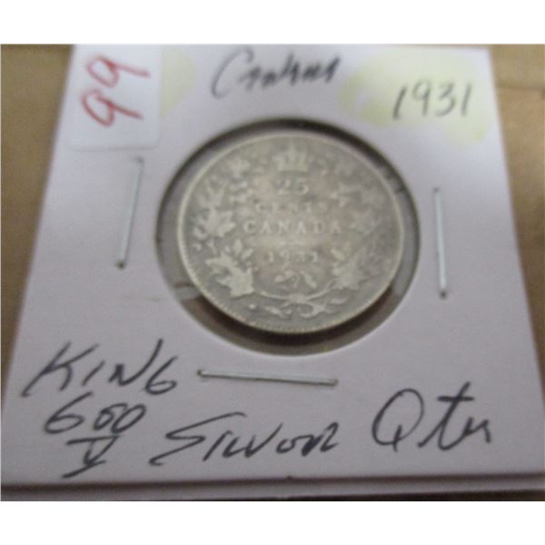 1931 CANADA KING GEORGE V SILVER QUARTER