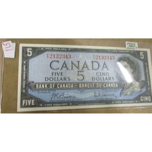 1954 CRISP/UNCIRCULATED CANADA $5 BILL (POKER HAND SERIAL NUMBER)