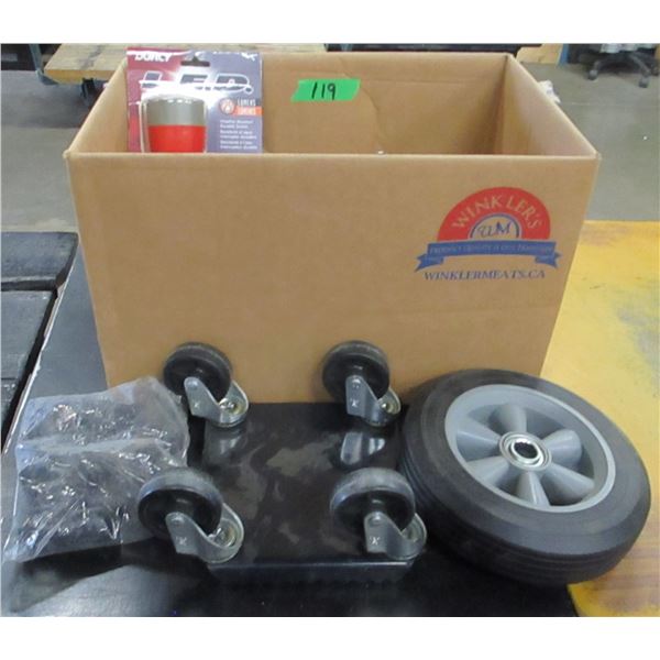 FREIGHT DAMAGE (AS IS):  BOX C/W WHEELS, DOLLIES, ETC
