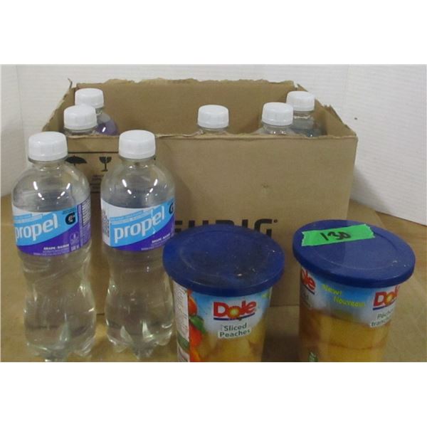 FREIGHT DAMAGE (AS IS):  BOX C/W WATER, PEACHES, ETC