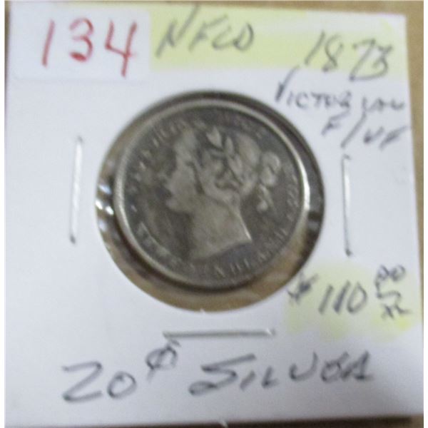 1873 F/VF VICTORIAN NEWFOUNDLAND SILVER 20 CENT