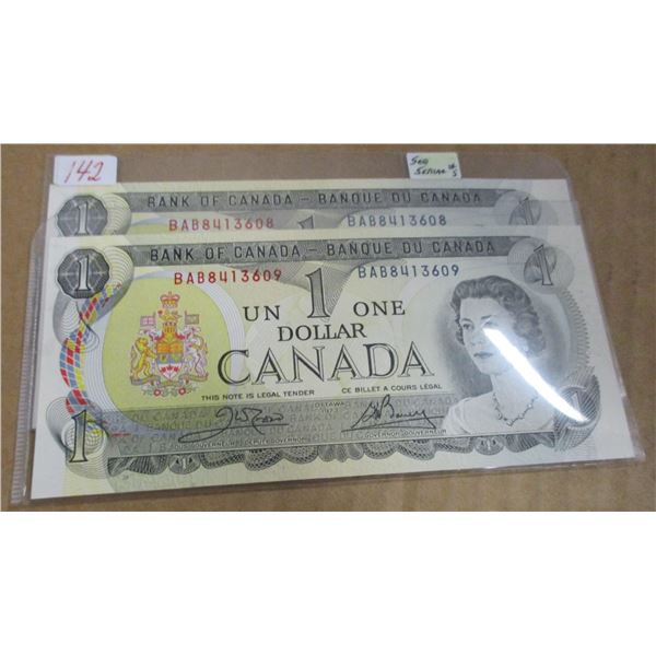 2 - 1973 BANK OF CANADA SEQUENTIAL SERIAL NUMBER UNCIRCULATED $1 BILLS