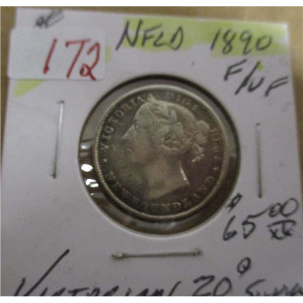 1890 H F/VF VICTORIAN NEWFOUNDLAND SILVER 20 CENT