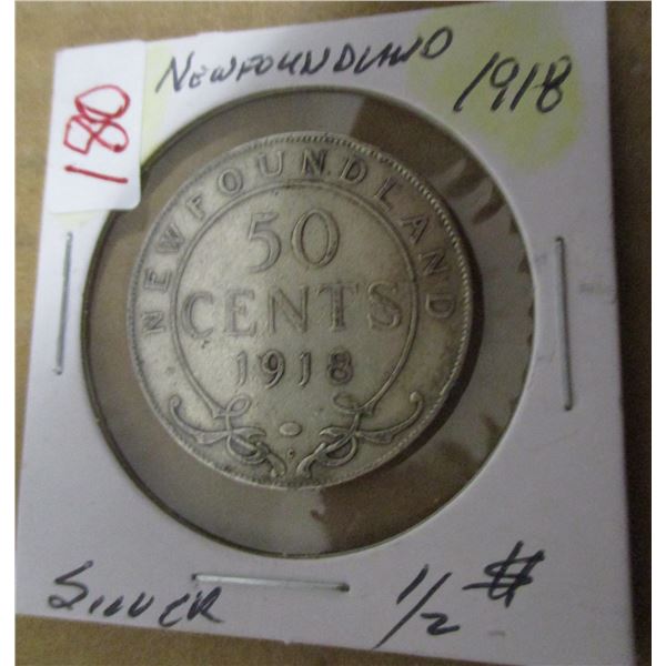 1918 NEWFOUNDLAND KING GEORGE V SILVER HALF DOLLAR