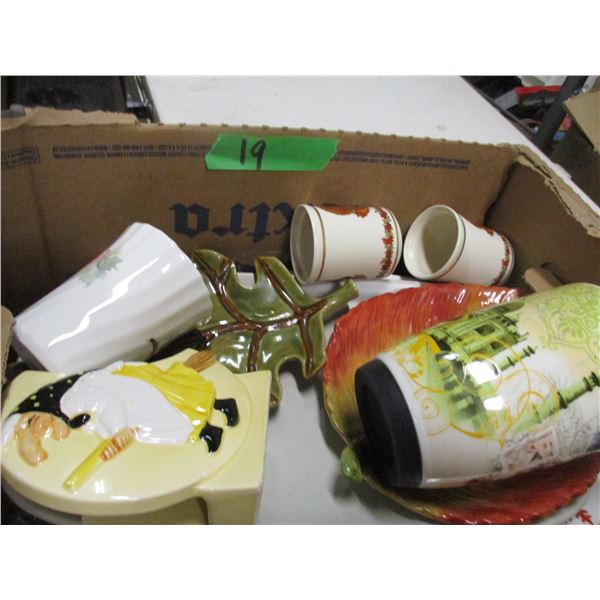 ESTATE:  BOX C/W MUGS, CUPS, ETC