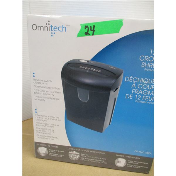 ESTATE (NEW):  OMNITECH 12 PAGE CROSS CUT PAPER SHREDDER IN ORIGINAL BOX (MSRP $49.99)