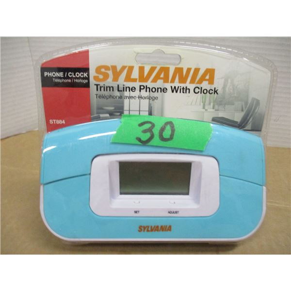 ESTATE (NEW):  SYLVANIA TRIM LINE PHONE WITH CLOCK IN ORIGINAL BOX (MSRP $57.99)
