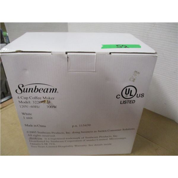 ESTATE (NEW):  SUNBEAM 4 CUP COFFEE MAKER IN ORIGINAL BOX