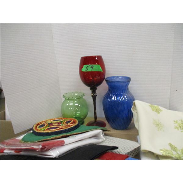 ESTATE:  BOX C/W TABLE RUNNERS & GLASSWARE