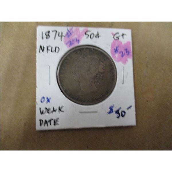 1874 VICTORIAN NEWFOUNDLAND SILVER HALF DOLLAR