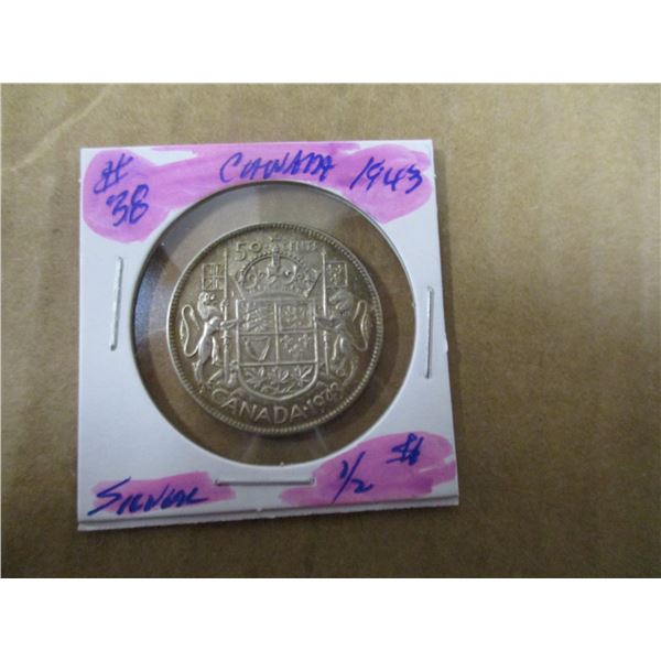 1943 CANADA KING GEORGE VI SILVER HALF DOLLAR