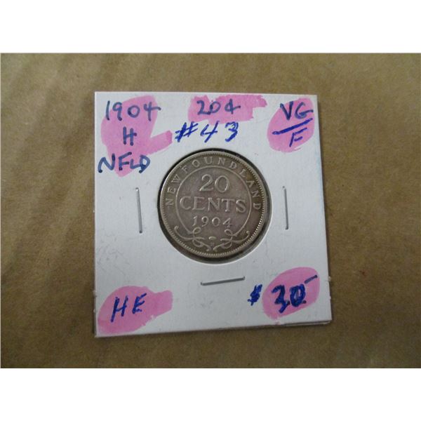1904H KING EDWARD VII NEWFOUNDLAND SILVER 20 CENT COIN