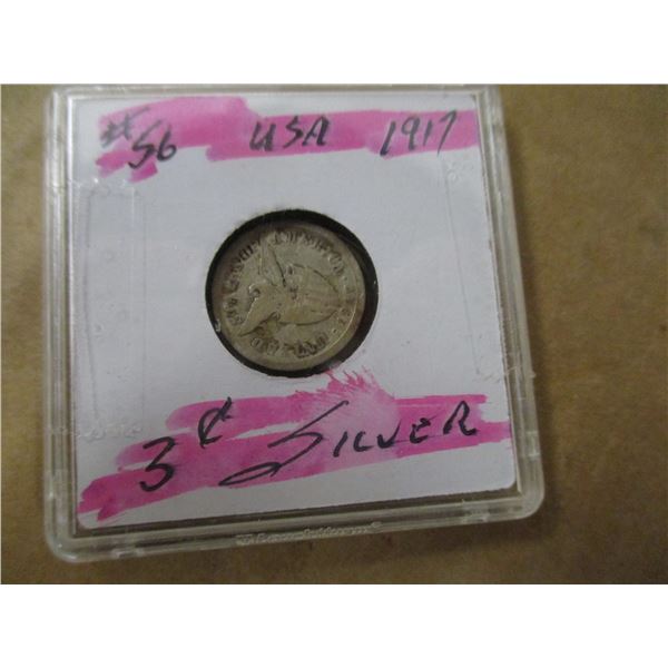 1917 USA SILVER 3 CENT COIN