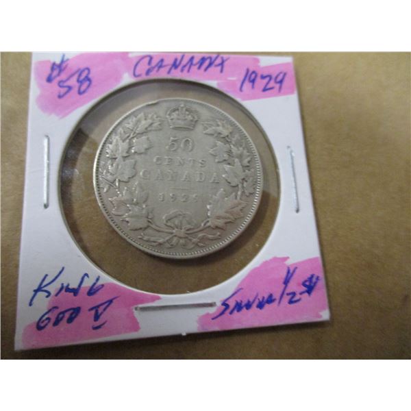 1929 CANADA KING GERORGE V SILVER HALF DOLLAR