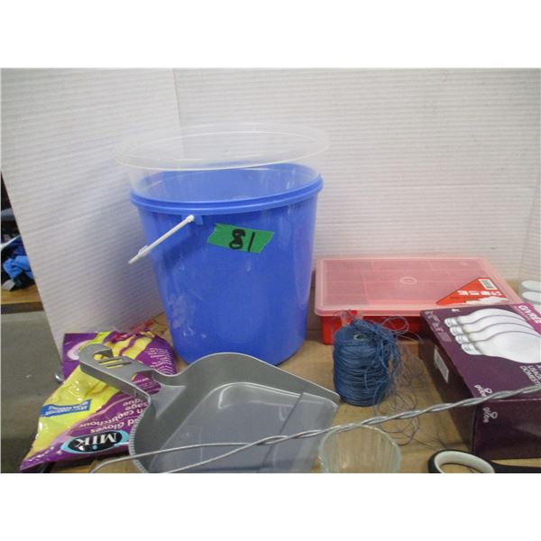 ESTATE:  BOX C/W ASSORTED HOUSEWARES (LIGHT BULBS, PAILS, GLOVES, ETC)
