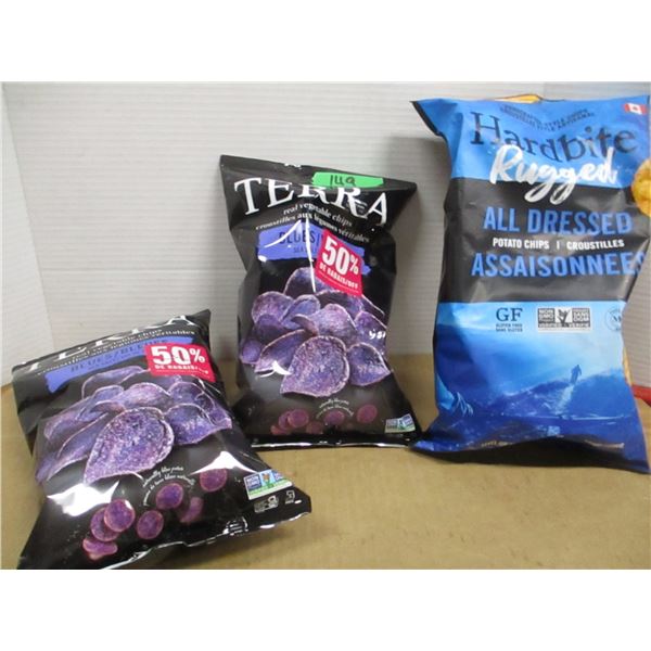 SHELF PULLS (AS IS):  BOX C/W 3 BAGS OF CHIPS (1 RUGGED & 2 BLUES)