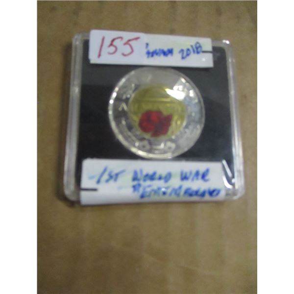2018 ARMISTICE REMEMBRANCE FIRST WORLD WAR COLORED POPPY TOONIE