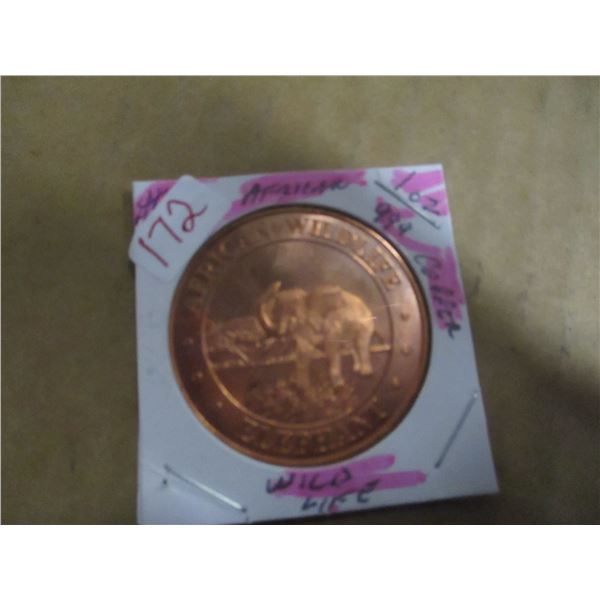 AFRICAN WILDLIFE 1 OZ COPPER FINE ELEPHANT COIN