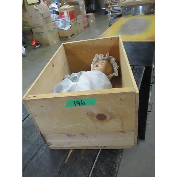 COLLECTABLE:  WOOD BOX C/W DOLL