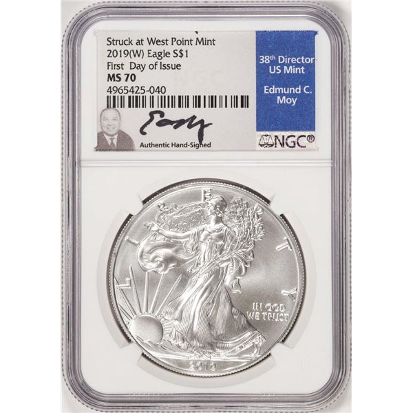 2019(W) $1 American Silver Eagle Coin NGC MS70 FDOI Moy Signature West Point Mint
