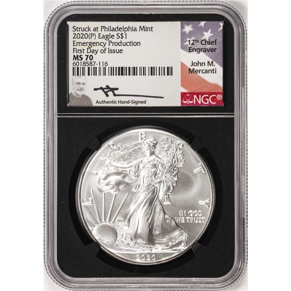 2020(P) $1 American Silver Eagle Coin NGC MS70 FDOI Mercanti Signed Philadelphia Mint