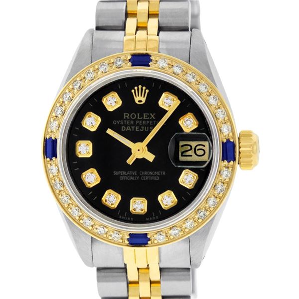 Rolex Ladies Two Tone Sapphire and Diamond Quickset Datejust Wristwatch