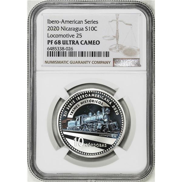 2020 Nicaragua 10 Cordobas Locomotive 25 Trains Silver Coin NGC PF68 Ultra Cameo