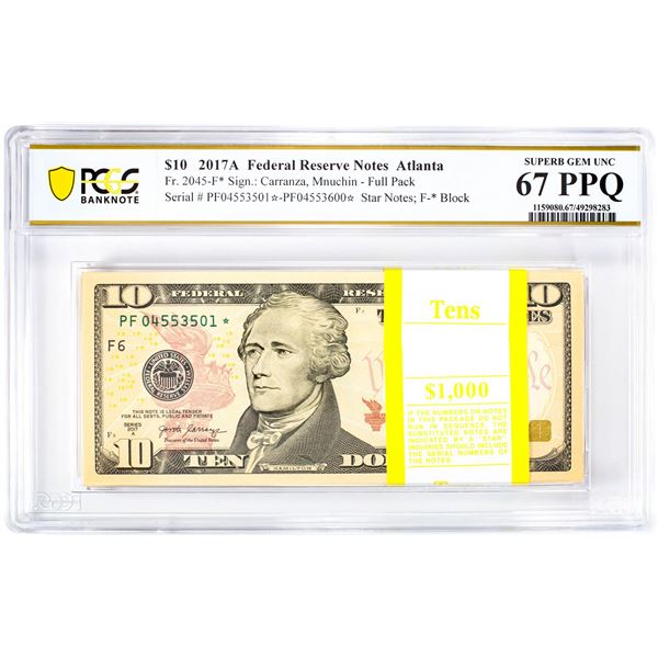 Pack of 2017A $10 Federal Reserve STAR Notes ATL Fr.2045-F* PCGS Superb Gem UNC 67PPQ