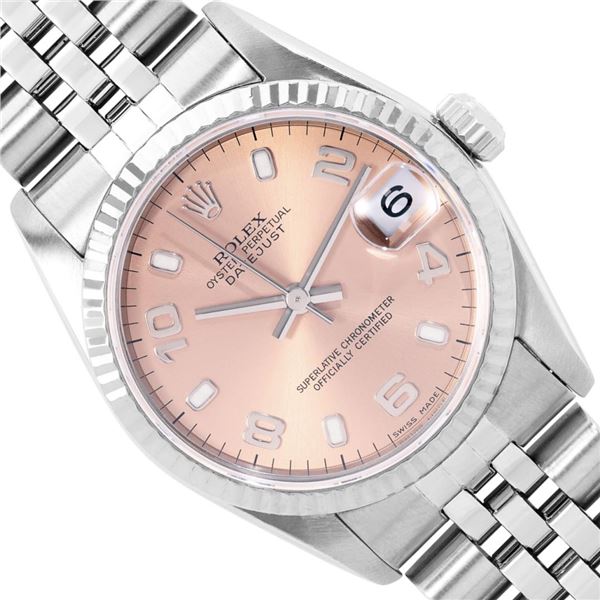 Rolex Ladies Midsize Stainless Steel Salmon Arabic Datejust Wristwatch With Rolex Box