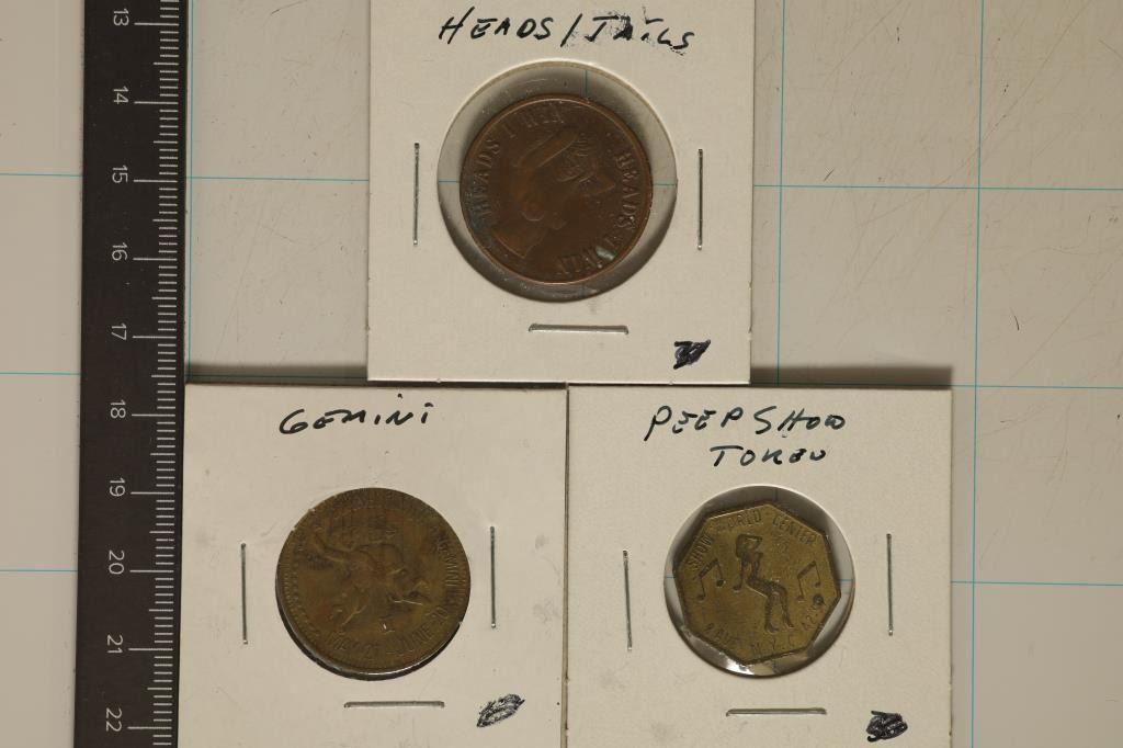 3-ADULT THEMED METAL TOKENS: FLIPPER TOKEN,