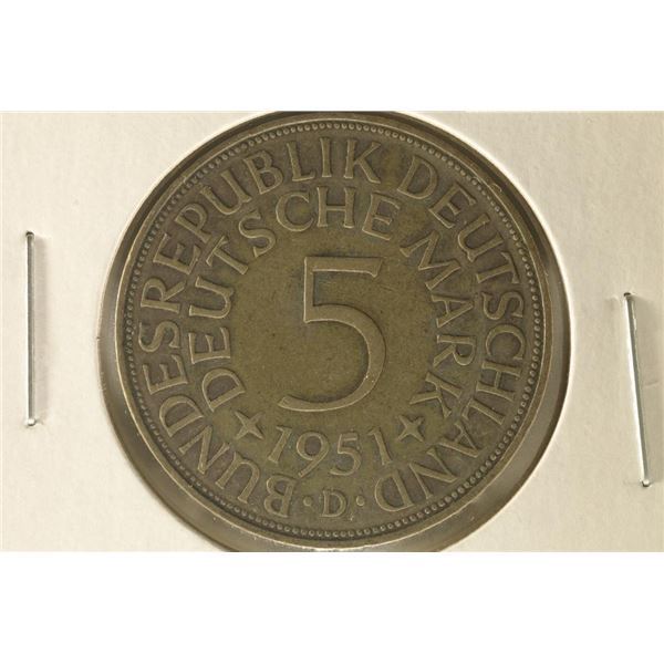 1951-D GERMAN SILVER 5 MARK .2251 OZ. ASW