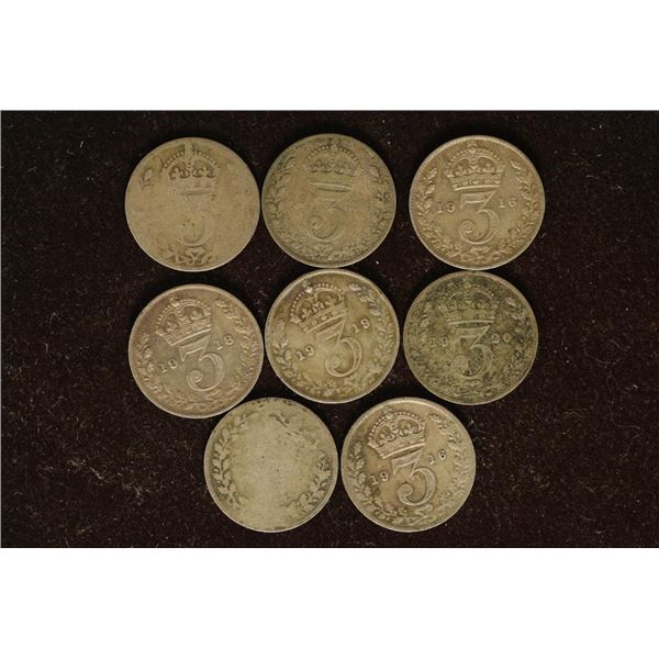 8-GREAT BRITAIN SILVER 3 PENCE 2 NO DATE, 1916,
