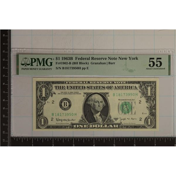 1963-B US $1 FRN NEW YORK PMG 55 ABOUT UNC FR#