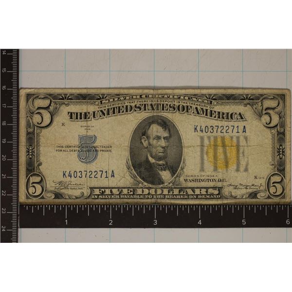1934-A US NORTH AFRICA $5 SILVER CERTIFICATE WITH