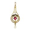Antique Victorian 10K TT Gold Red Stone & Pearl Dangle Filigree Lavalier Pendant