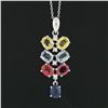 Image 5 : 14K White Gold 3.54 ctw Multi-Color Sapphire & Diamond Dangle Pendant Necklace