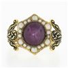 Image 3 : Vintage 18k Gold 3.5 ctw Cabochon Star Ruby & Pearl Halo w/ Black Enamel Band Ri
