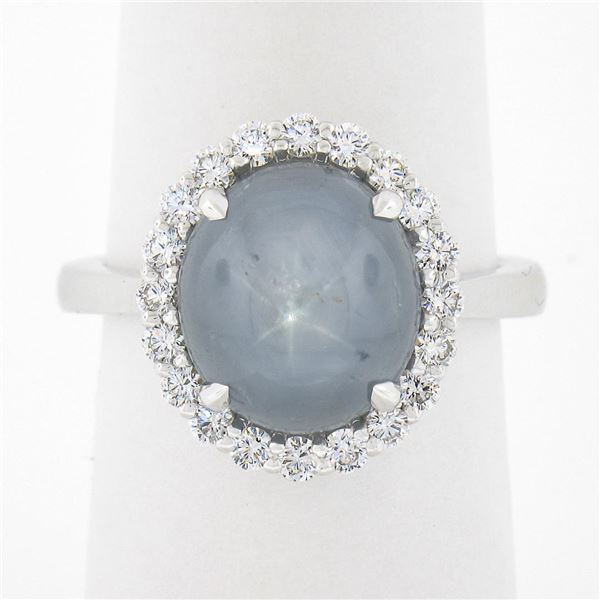 NEW 14k White Gold 7.82 ctw Oval Cabochon Gray Star Sapphire w/ Diamond Halo Rin