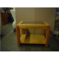 Used lite oak end table w/ beveled glass top