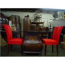 Used hand painted bombay glass top table & 2 red chairs
