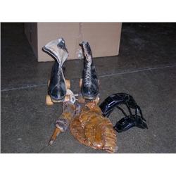 Ball glove, mask, 3x skates (lot)