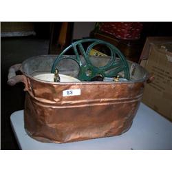 copper wash bucket, reel, 2 trophies, record